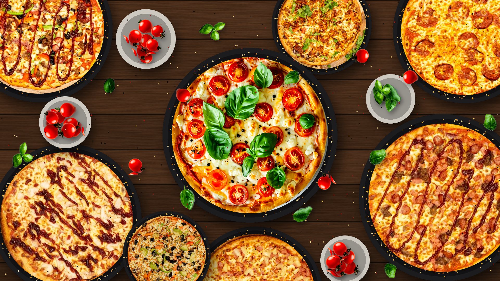 A table spread with Pizza Paradise pizzas, cherry tomatoes and basil